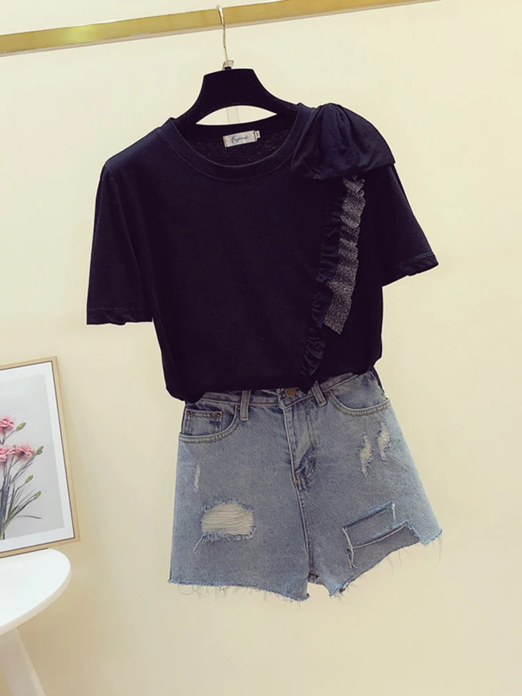 Футболка XFPV женская с круглым вырезом пикантная рубашка бантом и коротким