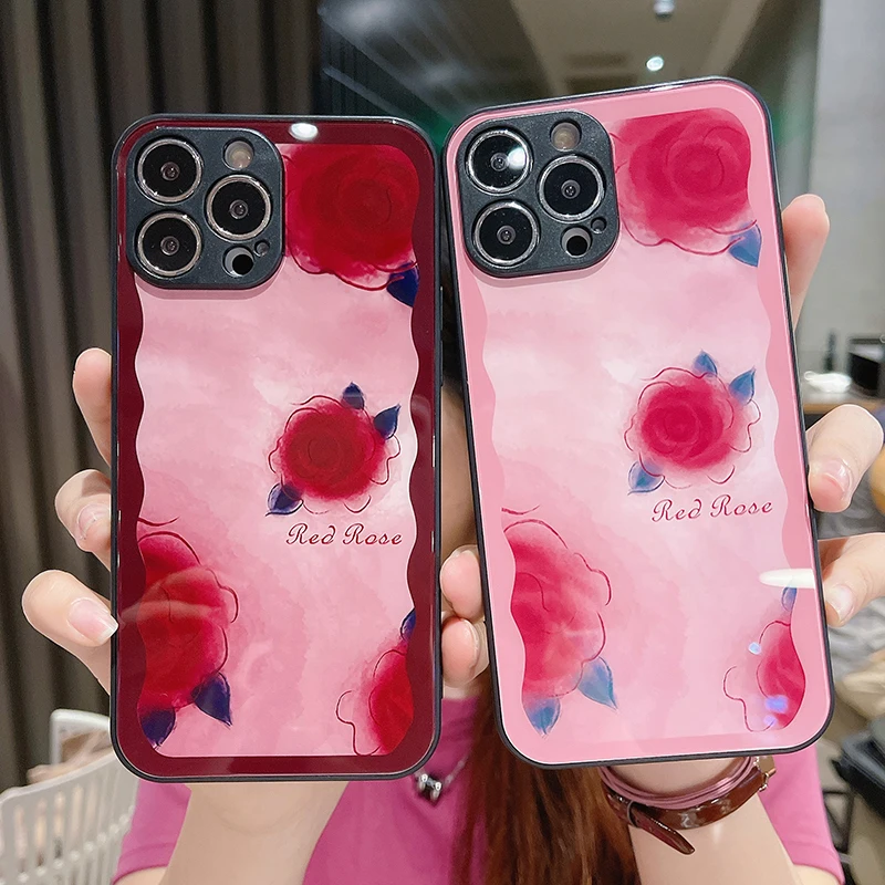 

Luxury Cute Rose Tempered Glass Phone Case For iPhone 14 13 12 11 Pro Max XSmax XR XS X SE 8 7 Plus Ultra-thin Silicone Cover