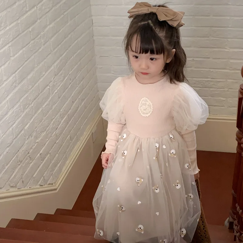 

Korean Children's Clothes 2023 Spring New Girls Cute Love Little Bear Gauze Princess Dress Puff Sleeve