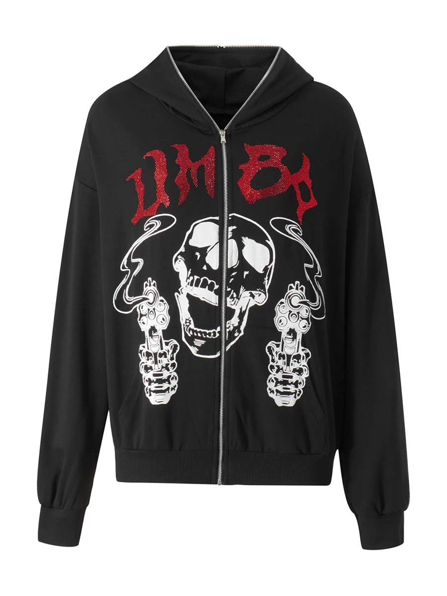 

Men Women Y2k Hoodies Rhinestone Skull Graphic Print Sweatshirt Streetwear Goth Harajuku Oversized Zip Up Hoodie Jackets