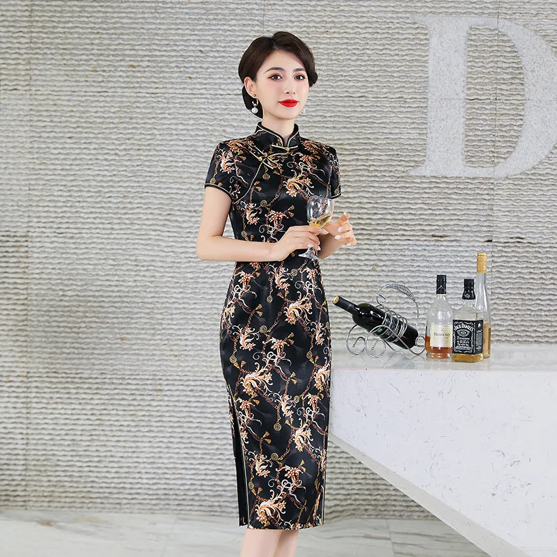 

Print Flower Silk Women Cheongsam Chinese Traditional Dress Retro Qipao Sexy Formal Party Gown Vintage Button Orient Vestidos