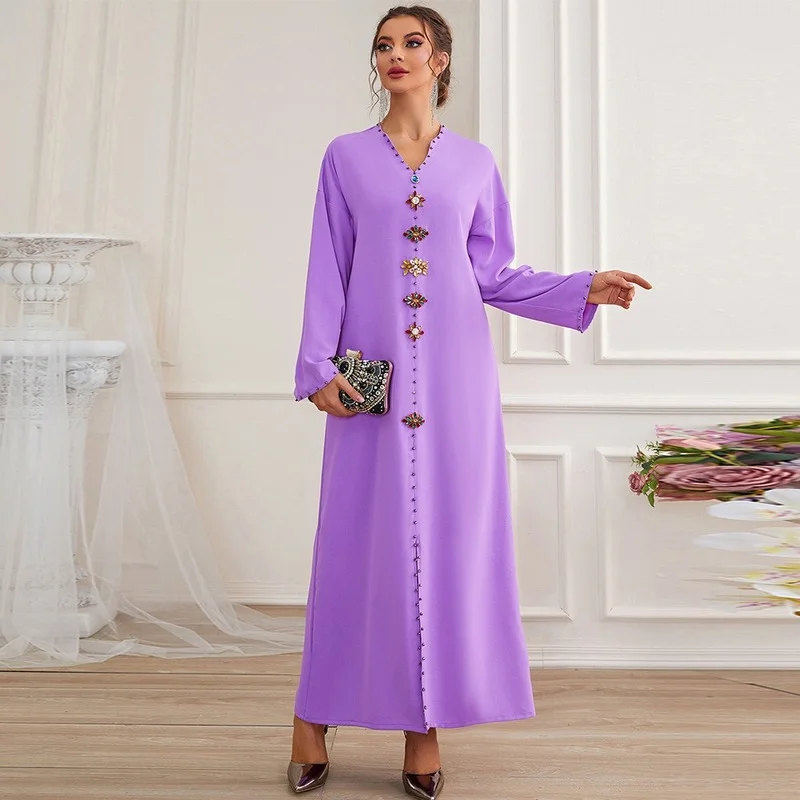 Ramadan Eid Mubarak Muslim Abaya Dubai Pakistan Purple Diamond Kaftan Arabic Long Dress Turkey Islam  African Dresses for Women