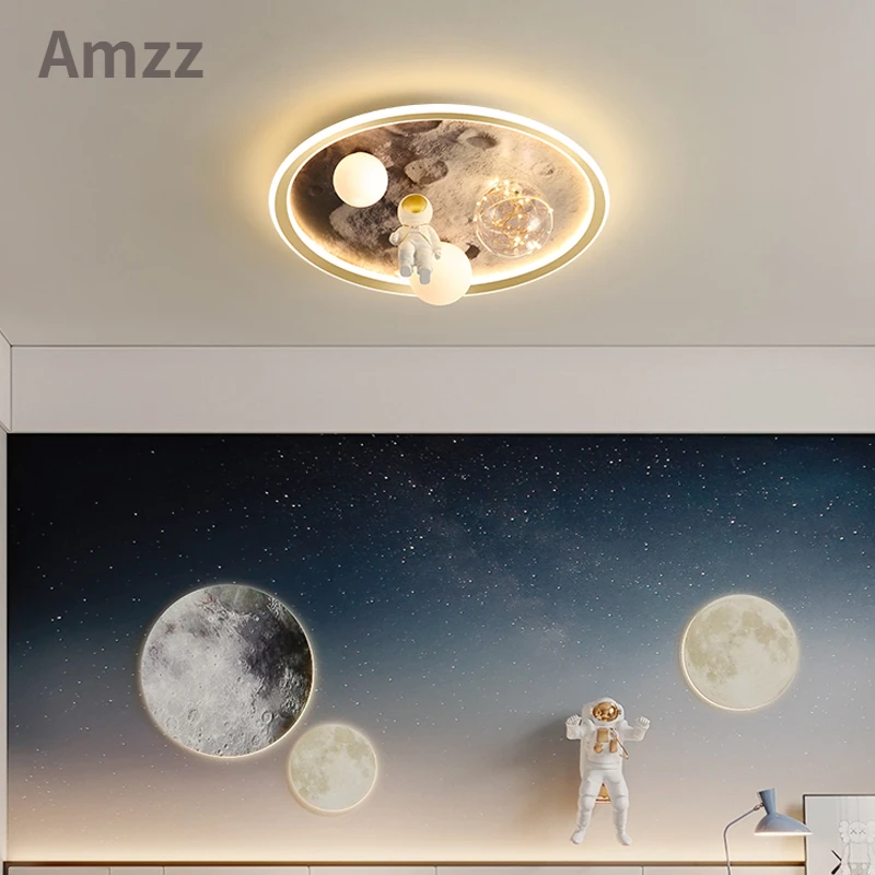 Modern Astronaut Led Ceiling Lamps for Children's Room Bedroom Study Cartoon Grey Moon Chandelier Decor Light Fixtures Lights