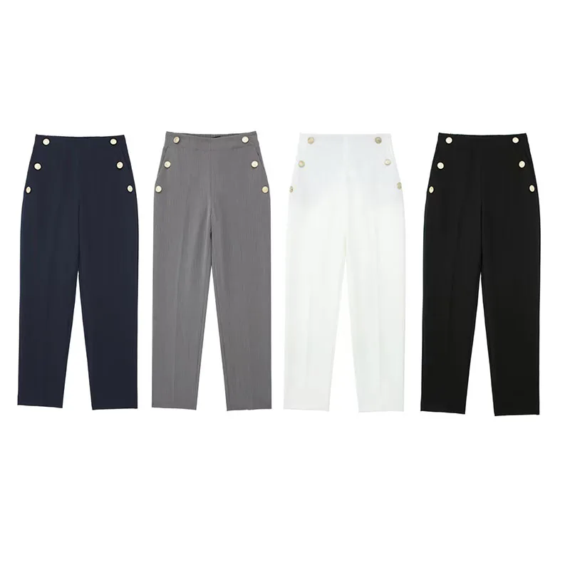 

Autumn And Winter Women's 2023 New Casual Fashion High-Waisted Elastic Waist Buckle Decorated Straight Trousers Slim Sexy