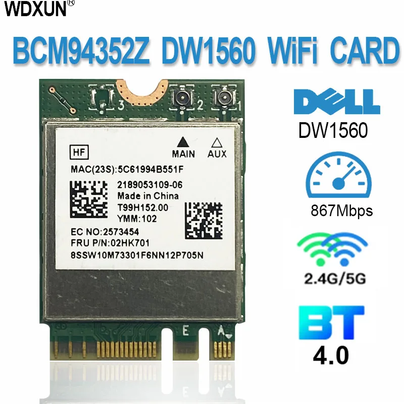 Двухдиапазонная беспроводная Wi-Fi карта Hackintosh BCM94352Z DW1560, NGFF M.2 1200 Мбит/с, Bluetooth4.0 NGFF 802.11ac Wlan DW1560 BCM94352