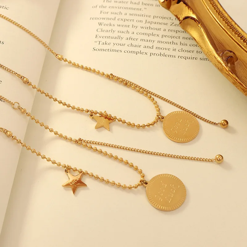 

18K Real Gold Plating Titanium Steel Ins Popular Beads Chain Star Good Luck Necklace Versatile Short Collarbone Neck Chain