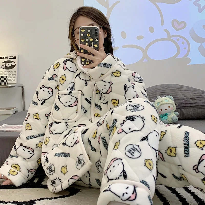 2022 New Coralline pyjamas Women's Winter three-layer cotton-padded flannel warm warm girl lovely home dress set
