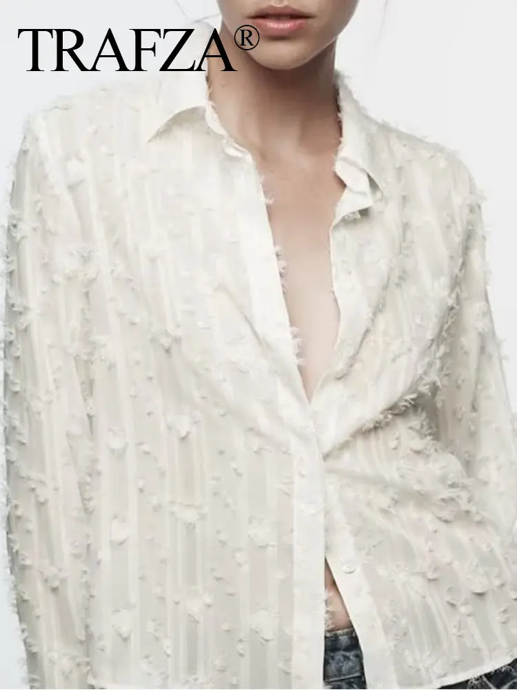

TRAF ZA Shirts For Women Fashion White Raw Edge Turn Down Collar Cropped Blouses Female Simple Daily Wild Basic Woman Shirt