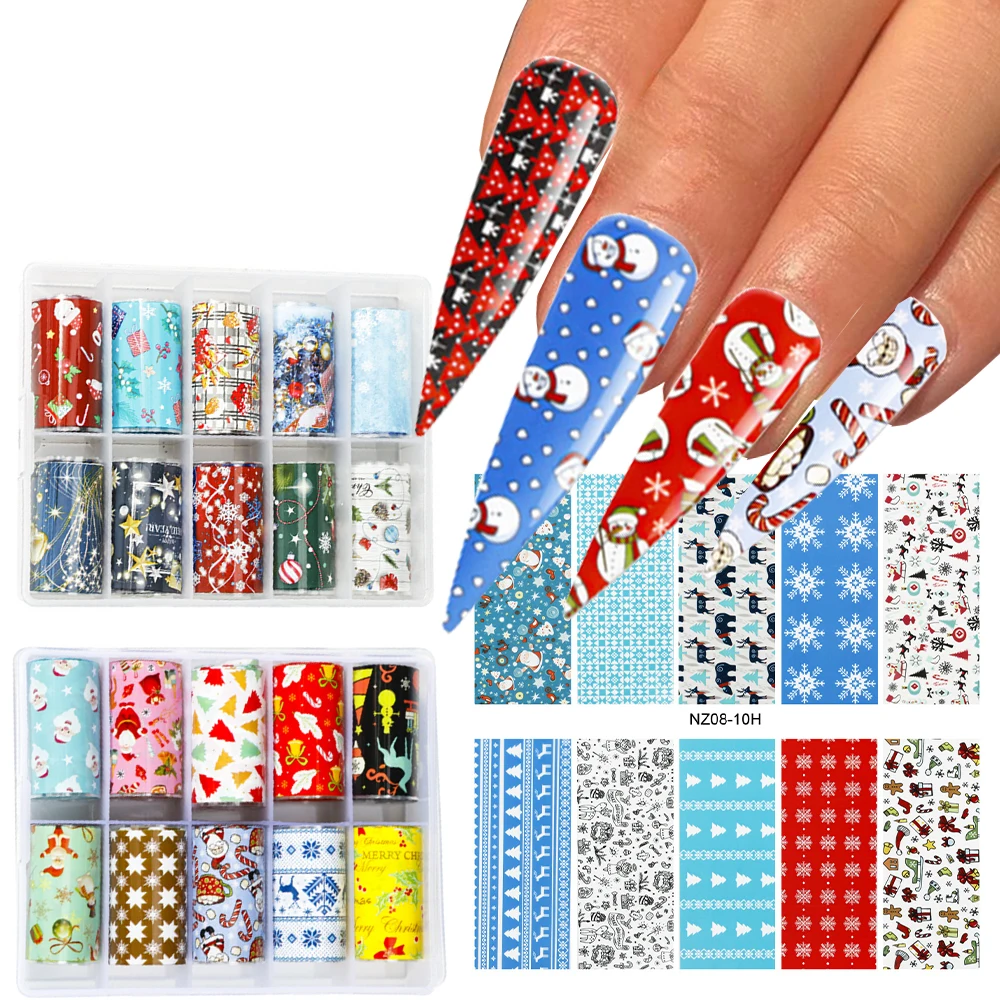 

10 Rolls Christmas Snowman Nail Foil Transfer Stickers 100*4cm Holographic Transfer Slider Festive Ultra-thin Nails Foils Decals
