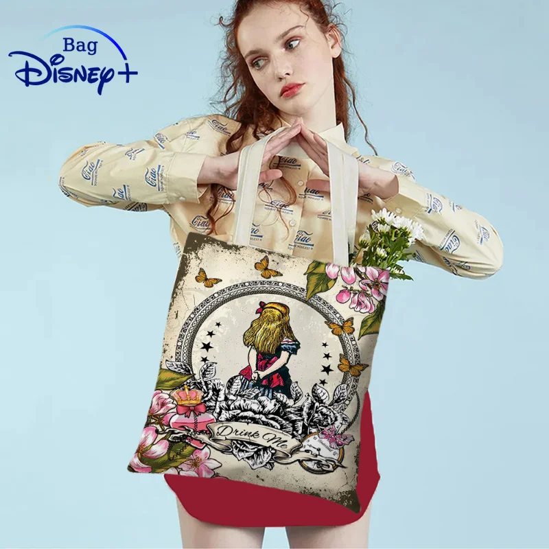

Disney Alice In Wonderland Shoulder Bag Cute Rabbit Cat Printed Handbag Large Capacity Travel Tote Lady Storage Shopping Bags