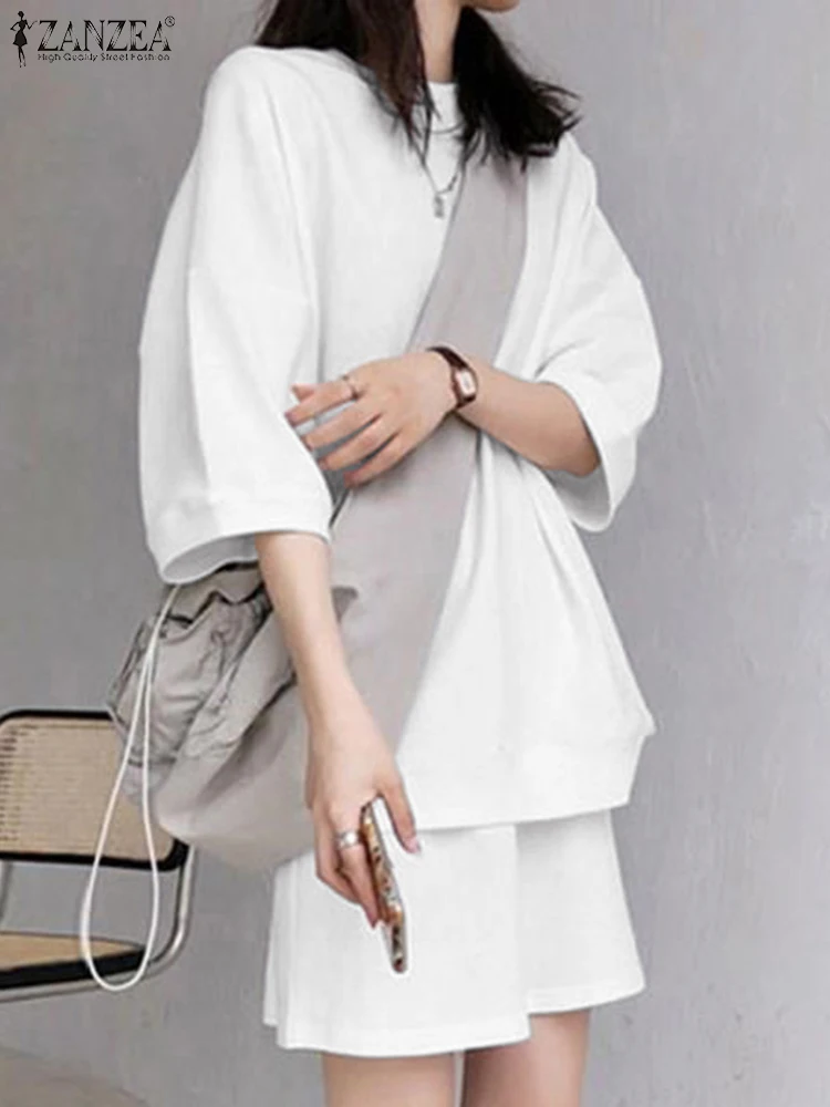 

2022 Women Casual Short Sleeve Elastic Waist Trouser Summer Loose Solid Tracksuits ZANZEA Vintage Matshing Sets Pants Suits Sets