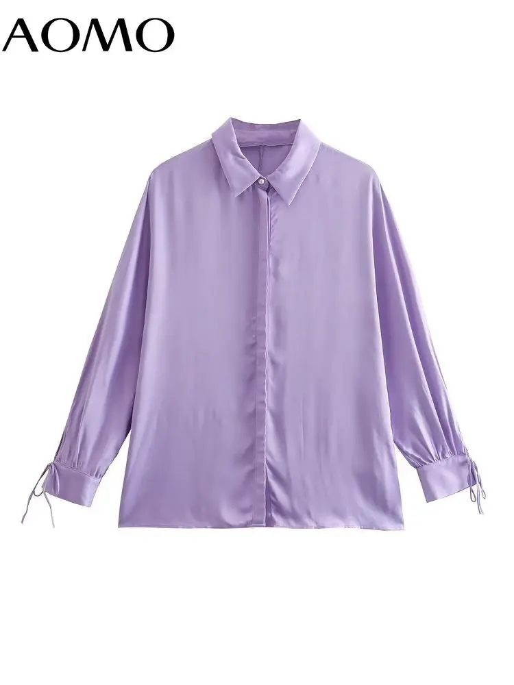 

AOMO Women Purple Loose Blouse Shirt Bow Long Sleeve 2022 Chic Female Tops 6X2A