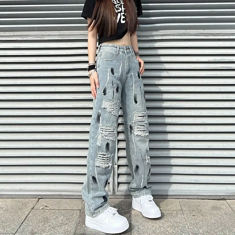 Streetwear High Waist Women Y2k Hole Jeans Koreon Harajuku Hip Hop Fashion Pants Loose Casual Denim Straight Wide Leg Trousers