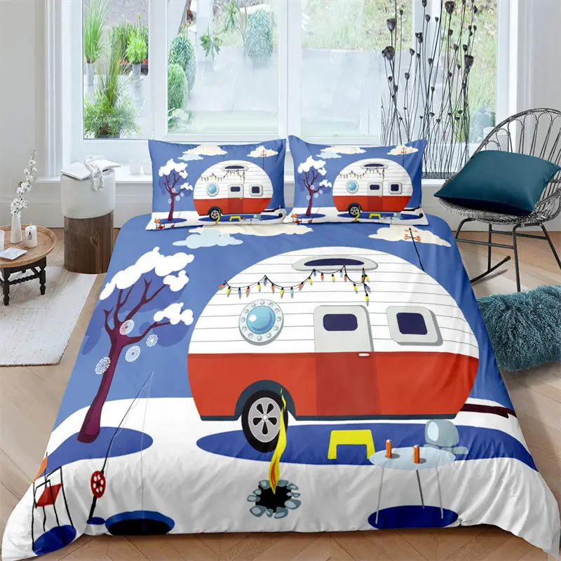 Happy Camping Duvet Cover Queen Cartoon Caravan Camping Bedding Set Farmhouse Style 3D Camper Comforter Cover With Pillowcases