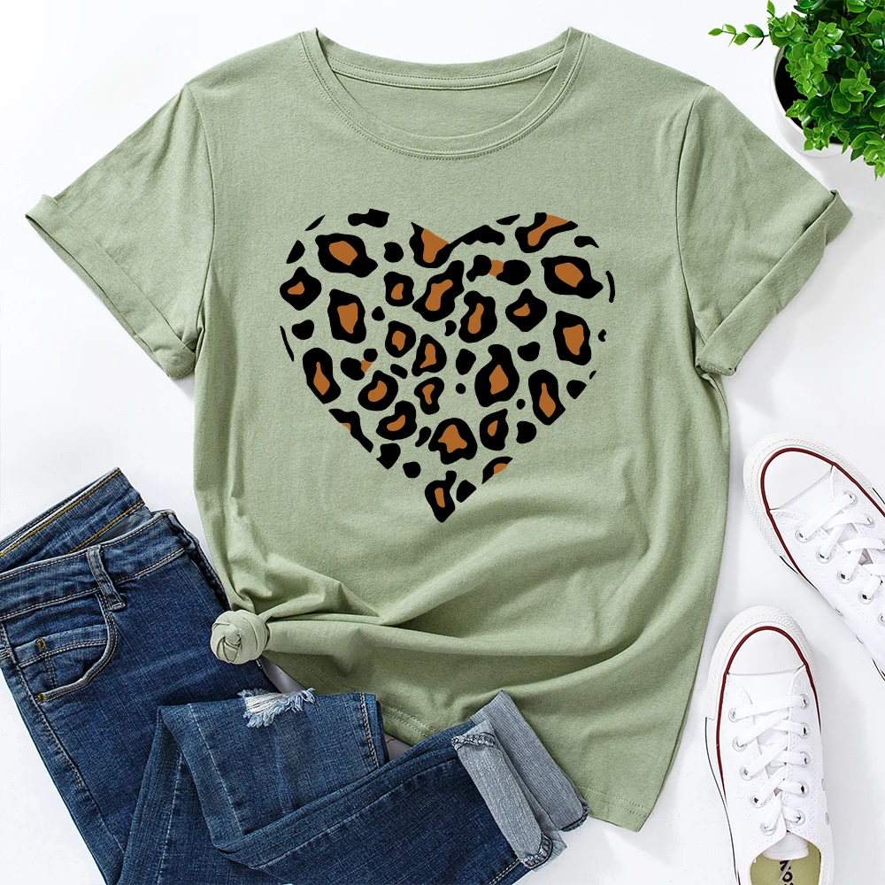 

Women's Graphic Tees Cotton Short Sleeve Crew Neck T Shirt Tops Female Summer Casual Clothes Leopard Heart Love