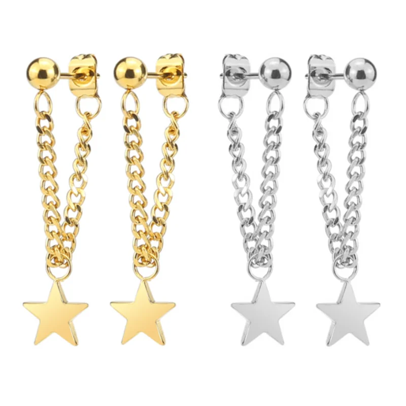 

New Fashion Five-pointed Star Earrings Stainless Steel Tassel Long Pendant Earrings Ear jewelry Hiphop Girls Gift Dropshipping