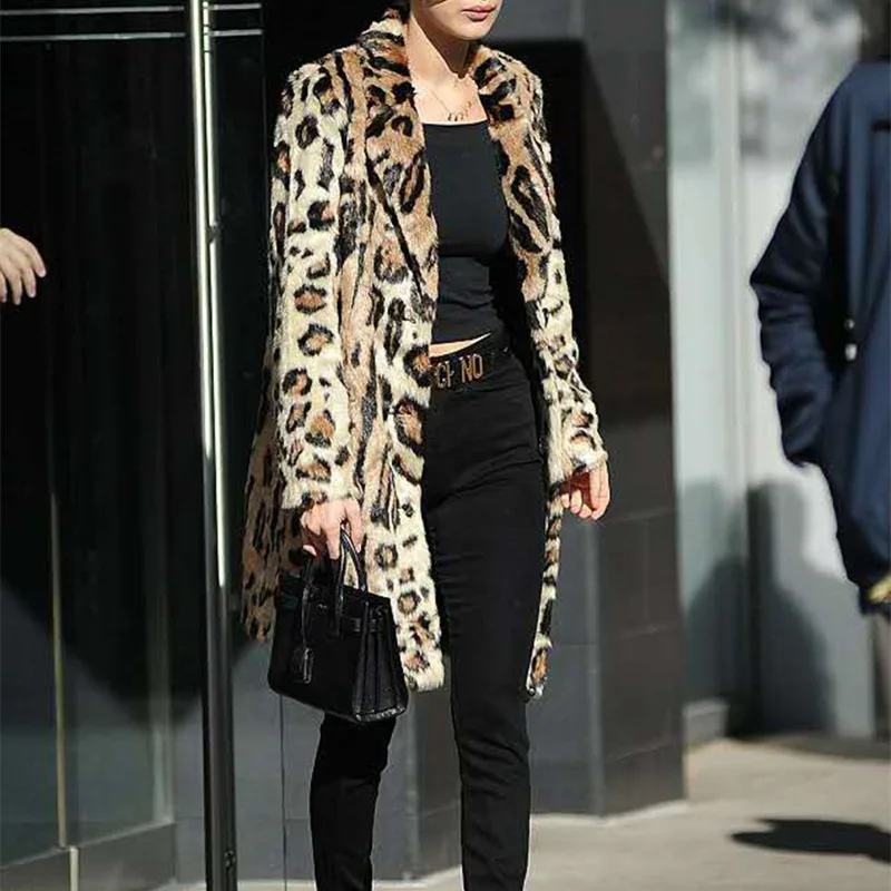 Women Leopard Faux Fur Coat Winter Fashion Loose Cardigan Large Coat Women Long Sleeve Thick Warm Fur Turn-Down Collar Coat