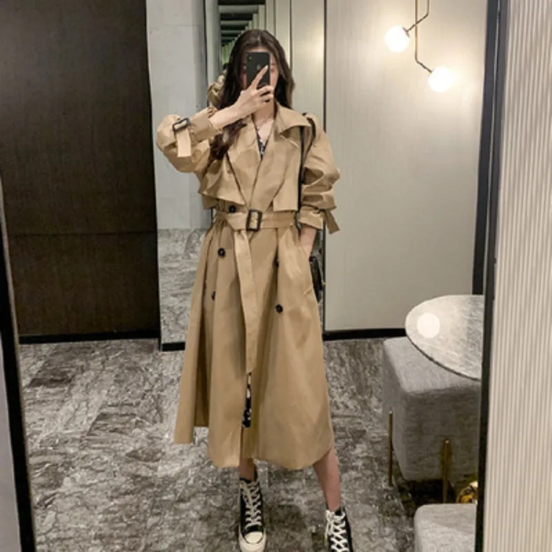 

Autumn New Style Khaki Windbreaker Women's Mid-length Over-the-knee Temperament Popular Casual Chic Small Tooling Jacket Trend