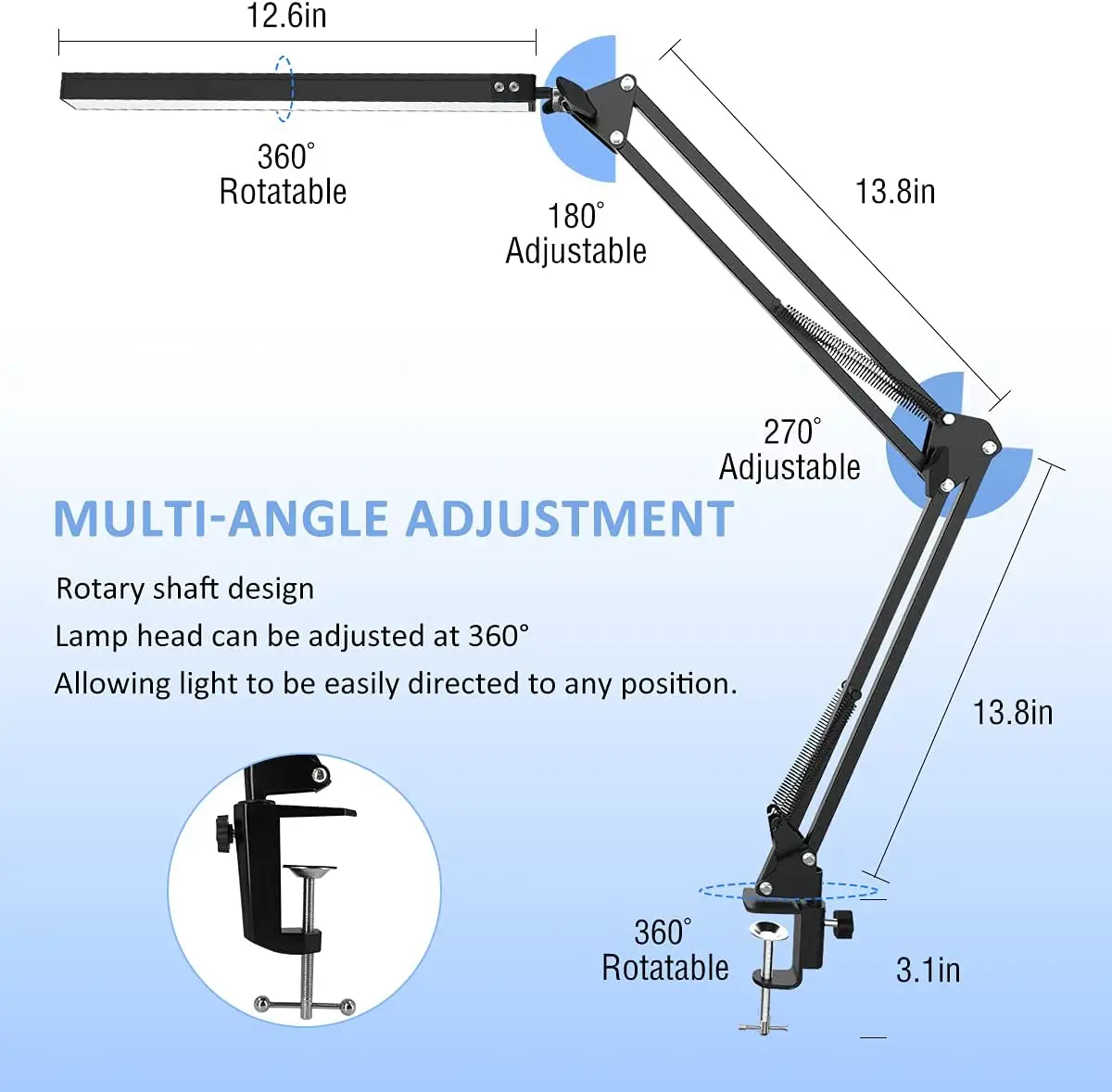 LED Desk Lamp with Clamp Adjustable Eye Caring Table Swing Arm 3 Color Modes 10 Brightness Levels Memory Function | Освещение