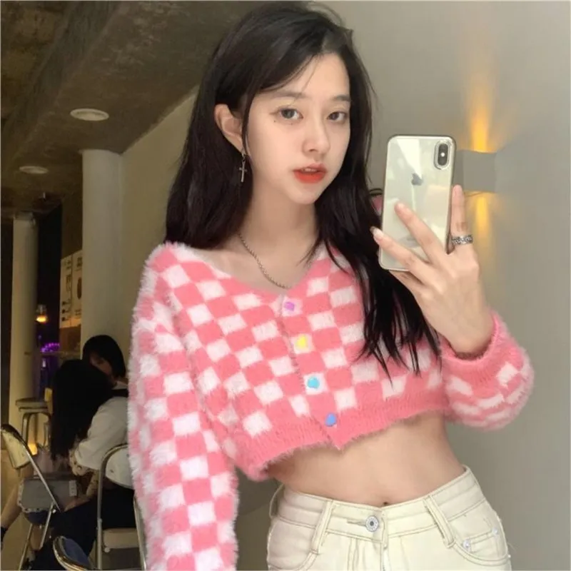 

Y2K shirt 2022 autumn and winter new college Korean pink Laurie girl soft and lovely imitation mink skin sweater