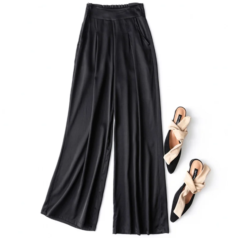 Women 93% Mulberry Silk 7% Spandax 19 momme Silk Loose Type Wide Leg Long Pants Trousers With Pockets Navy Black M L XL MM570