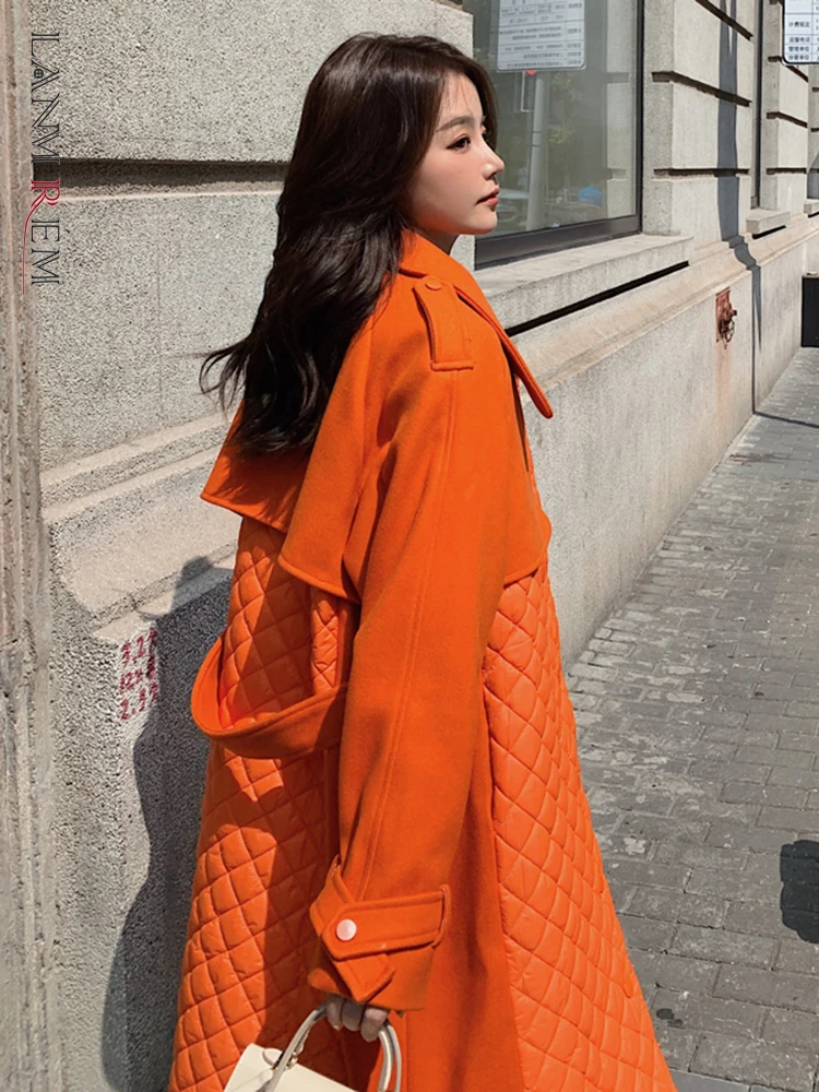 

LANMREM Patchwork Plaid Woolen Coats Women Lapel Long Sleeves Single Breasted Orange Belt Coat Female Streetwear Clothing 2R7222