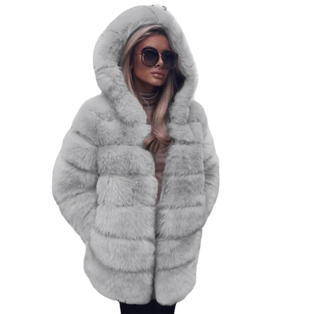 Women's Leather Fur Coat Mid-Length Autumn and Winter Hooded Imitation Fur Coat Top Women's Plush Warm Jacket Faux Fur Coat