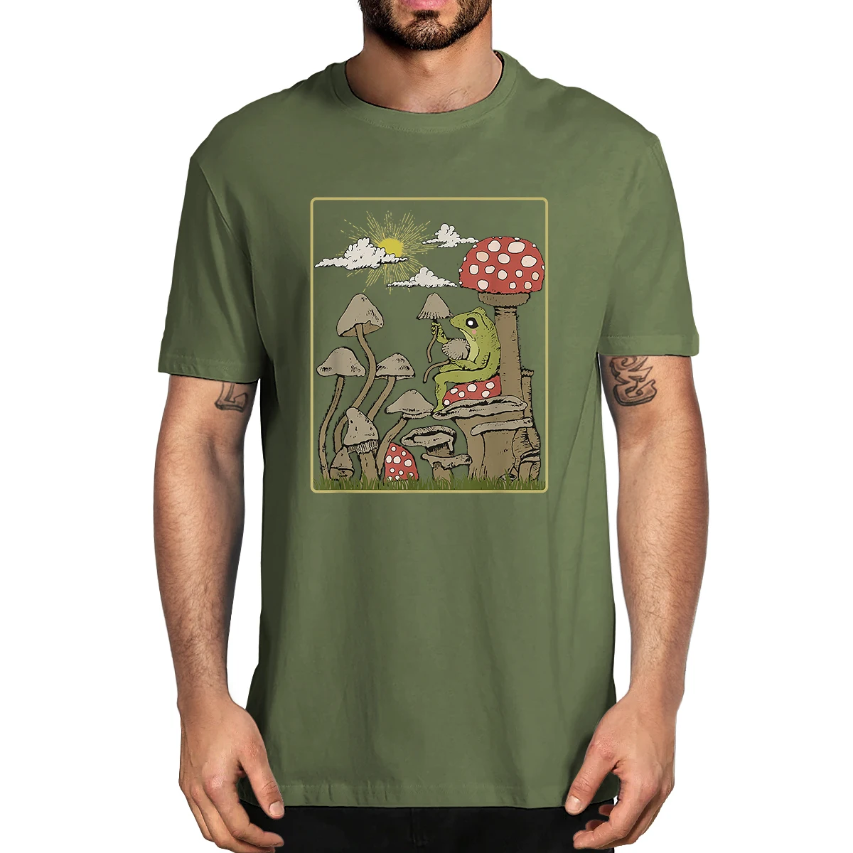 

100% Cotton Goblincore Aesthetic Cute Frog On Mushroom Men's Novelty T-Shirt Women Casual Harajuku Fashion Tee Streetwear
