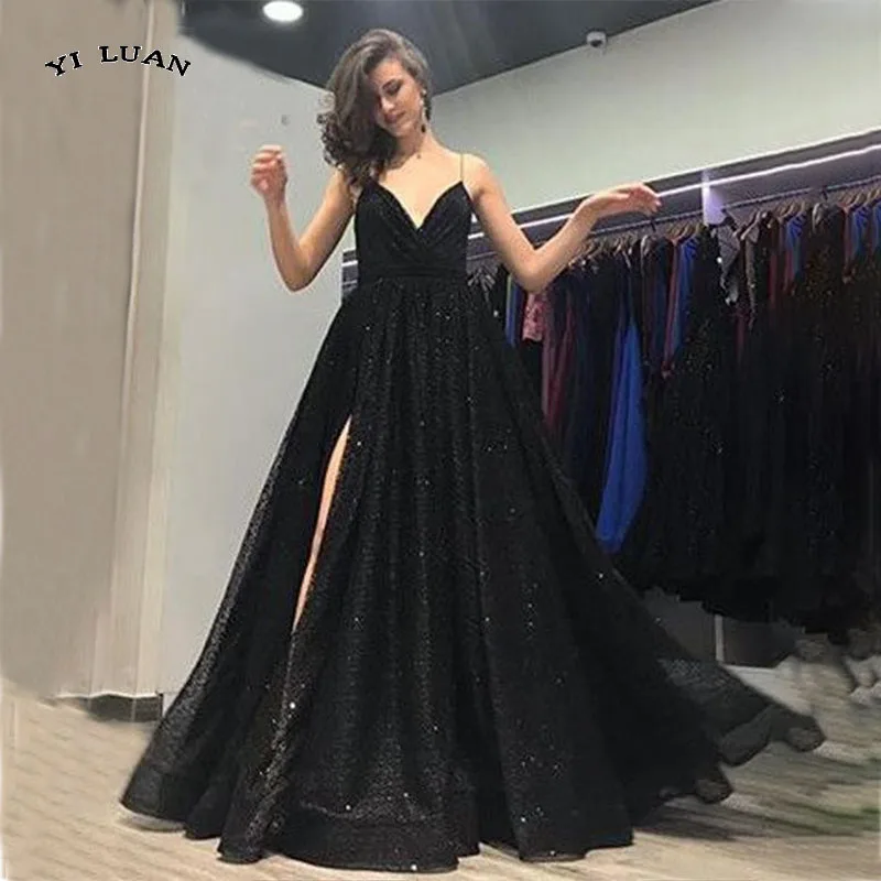 Купи Luxury Spaghetti Straps Black High Leg Split Backless Sexy Prom Dress For Lady Side Split High Leg Lace Open Back Party Gowns за 4,802 рублей в магазине AliExpress