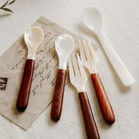 shell small spoon wooden handle coffe cuillere ice cream cake dessert spoons fork creative household cute utensilios