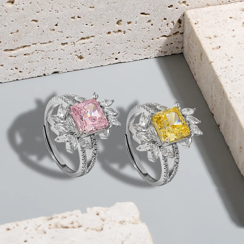

Sun Flower Diamond Ring Jewels Luxury Ring Zircon Pink Pear Gemstone Rhodium Plated 925 Silver Fine Jewelry