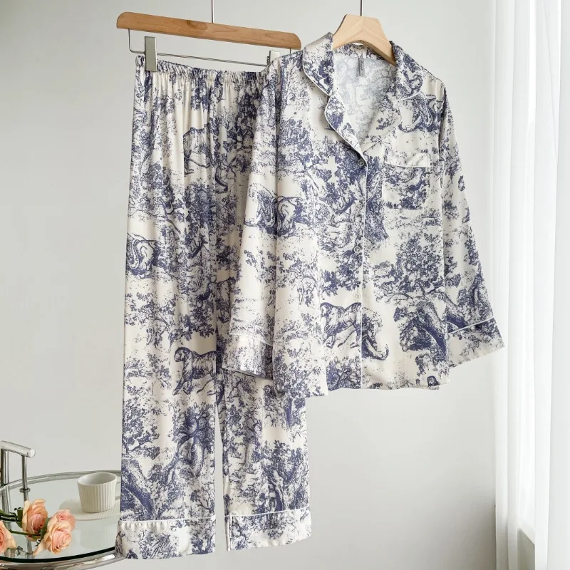 

Ice Blue Pajama Set Women's Summer Ice Silk Sleepwear Long-sleeved Pants Thin Section New Silk Homewear Suit Ladies Pink Pyjamas