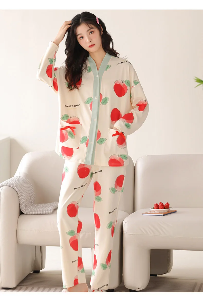 Yasuk Spring Autumn Fashion Women Casual Soft Print Sleepwear Homewear Pajamas With Pants Sweet Fruits Apple Girl Simple Cotton