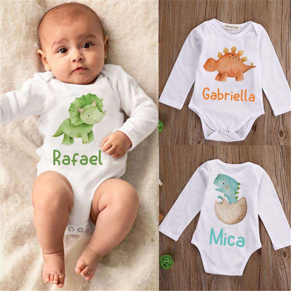 Personalise Infant Bodysuits Body Baby Custom Name Clothes Dinosaur Print Boys Girls Romper Long Sleeve Newborn Jumpsuit Outfits