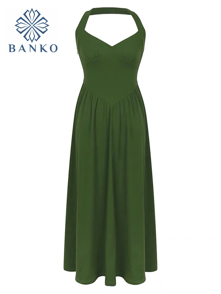 

Fashion Women Sexy V Neck Halter Dress Summer Casual Sleeveless Backless Beach Holiday Long Dresses Elegant Slim Vestidos Female
