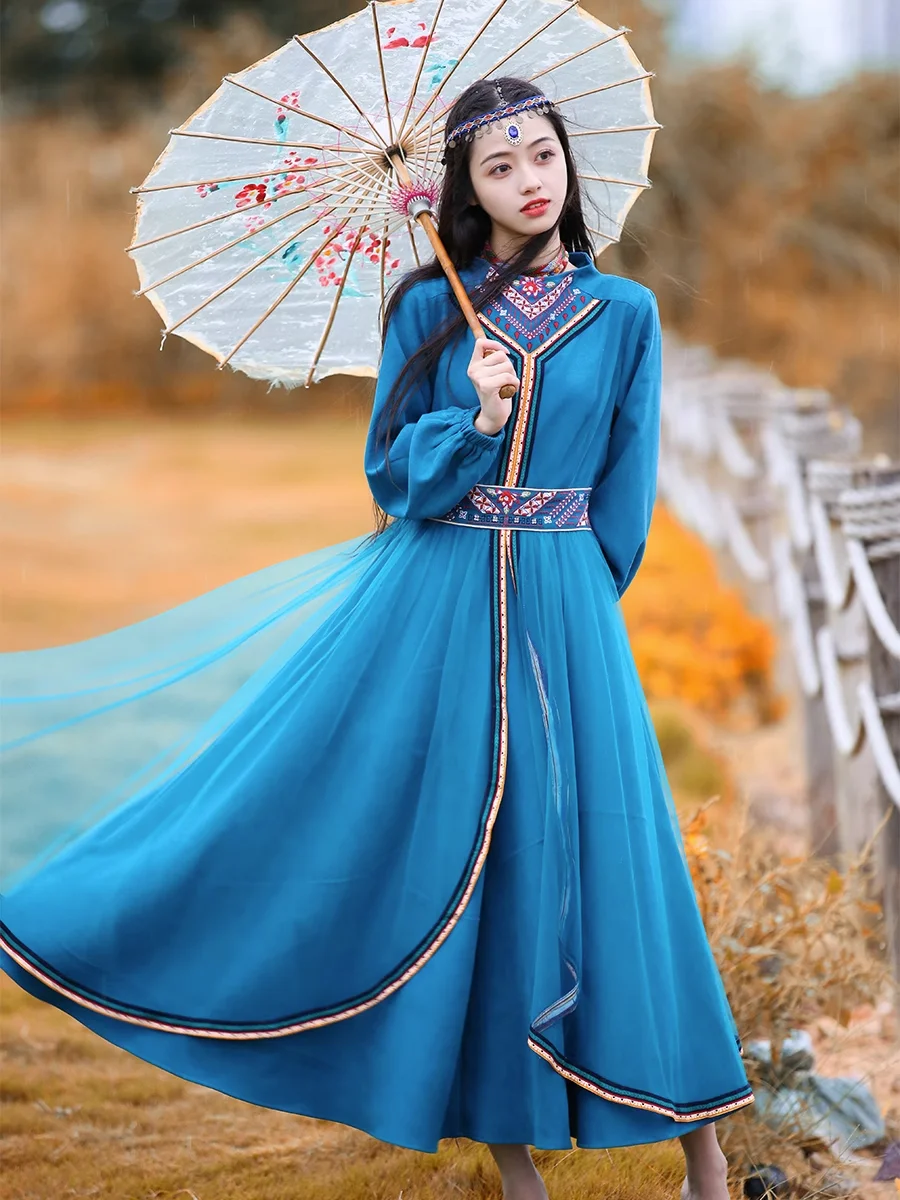 TIYIHAILEY 2023 New Free Shipping Vintage Women Long Maxi Full Sleeve Spring Gorgeous Autumn Embroidery Blue Dresses