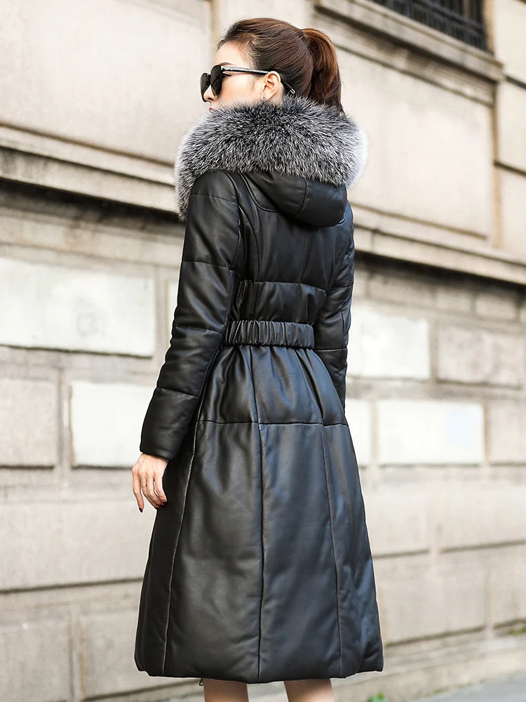 

2023Leather jacket,Fashion Genuine Sheepskin Leather Jacket Fox Fur Coallr Hooded Coat Female 90%White Duck Down Women's Jackets