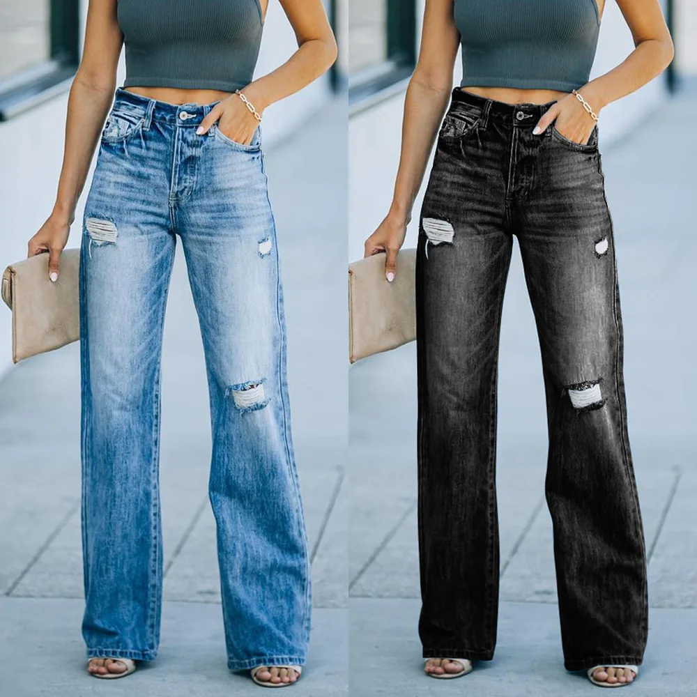 Women Blue Denim Trouser Wide Leg Straight Full Length Mid Waist Casual Ripped Skinny Jean Pantalones De Mesclilla Para Mujer