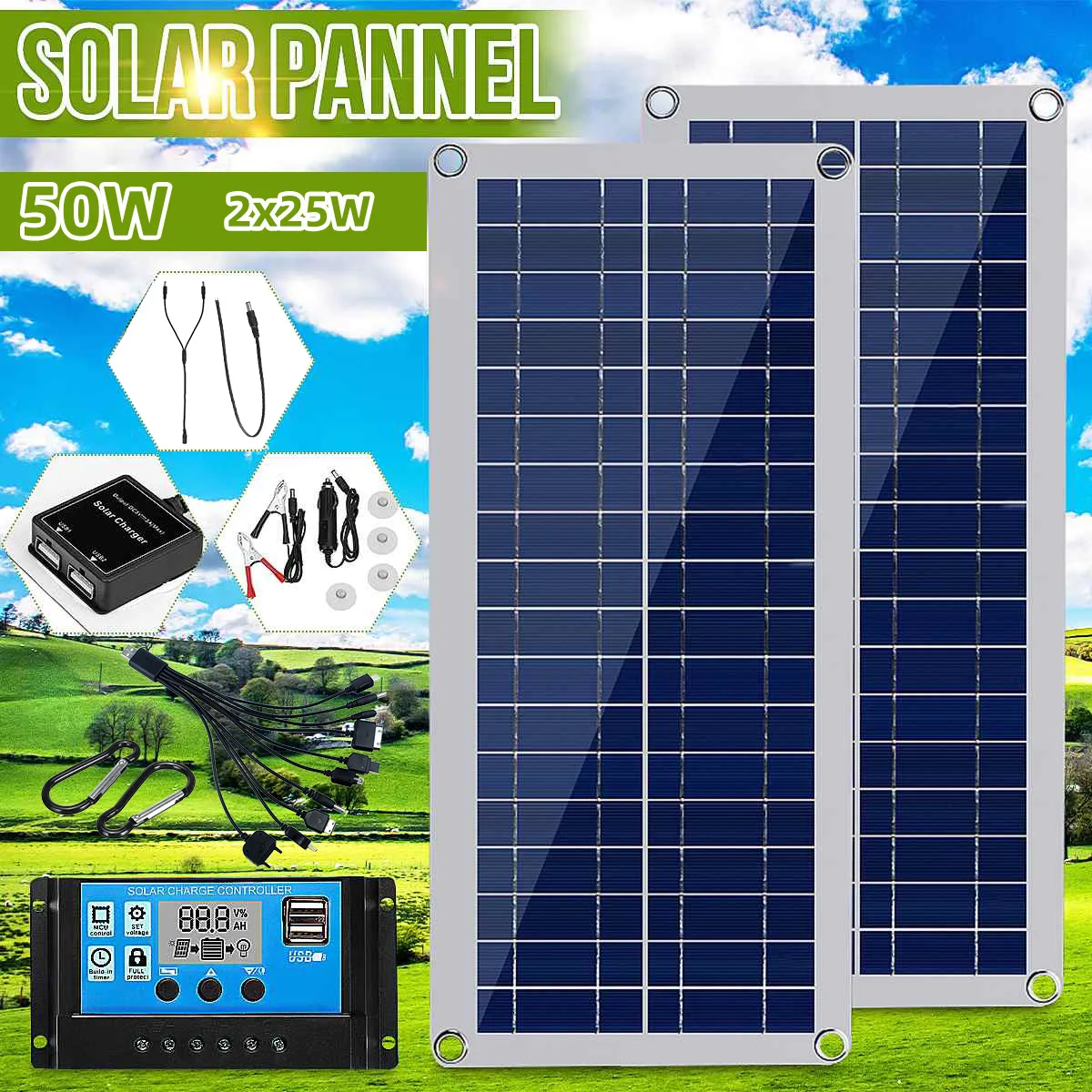 

50W Solar Panel Kit Complete 12V USB With 10-100A Controller Solar Cells for Car Yacht RV Boat Moblie Phone Battery Charger