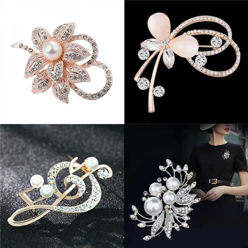 Imitation Pearls Brooch Rhinestones Round Brooches Opal Leaf Pin Crystal Flower Simple Fashion Wedding Jewelry | Украшения и