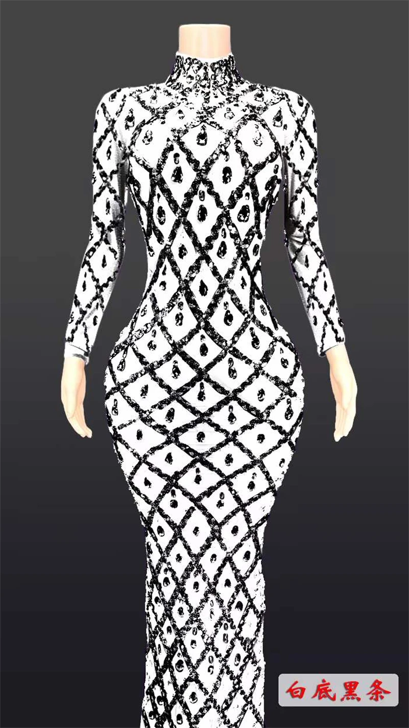 

Glitter Rhinestone Maxi Long Dress For Women Birthday Long Sleeve Singer Stage Wear Drag Queen Bodycon Outfit