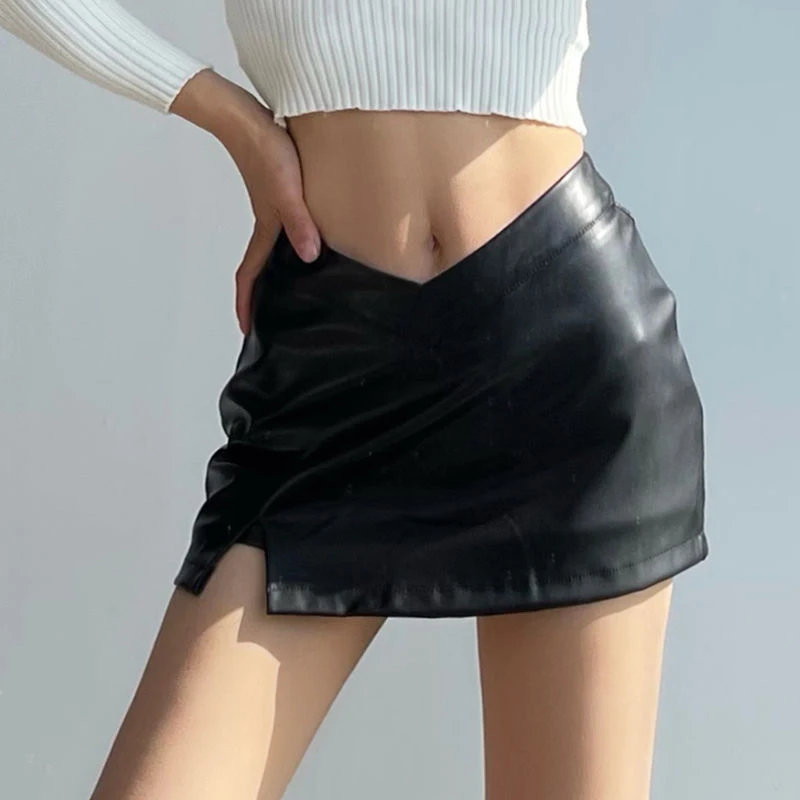 

Женская короткая юбка из ПУ кожи, черная сексуальная облегающая мини-юбка трапециевидной формы с разрезом и высокой талией, женские шорты, в...