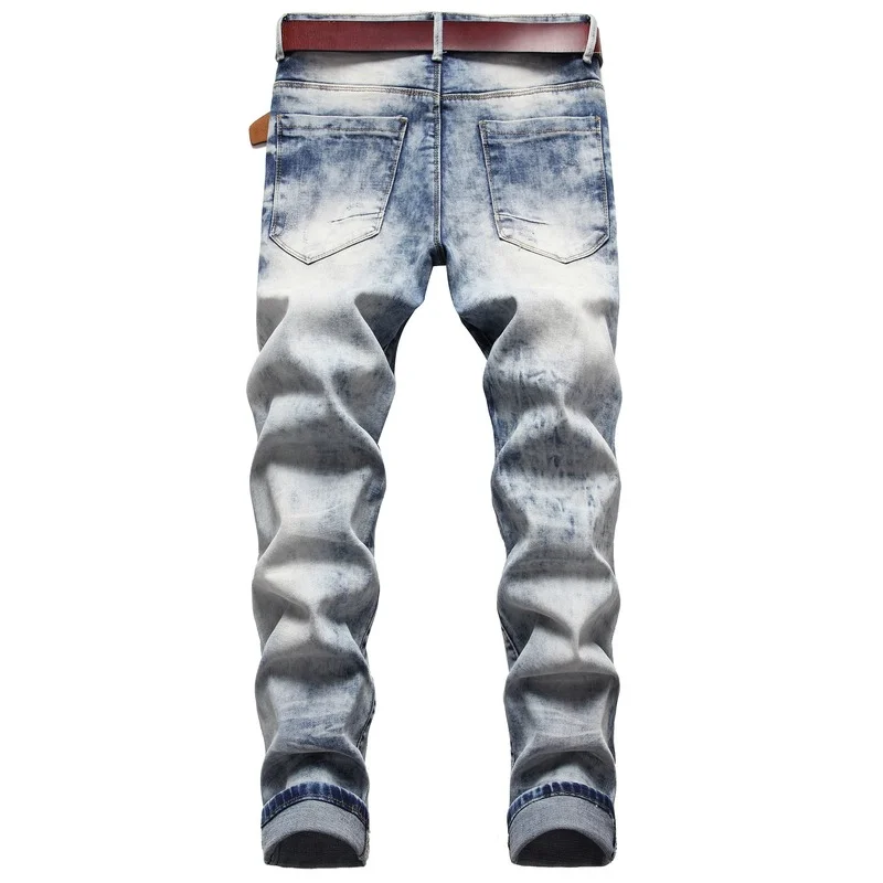 Fashion Streetwear Men Jeans Hole Patch Embroidery Nostalgic Elastic Small Straight Ripped Jeans Full Length Denim Pants