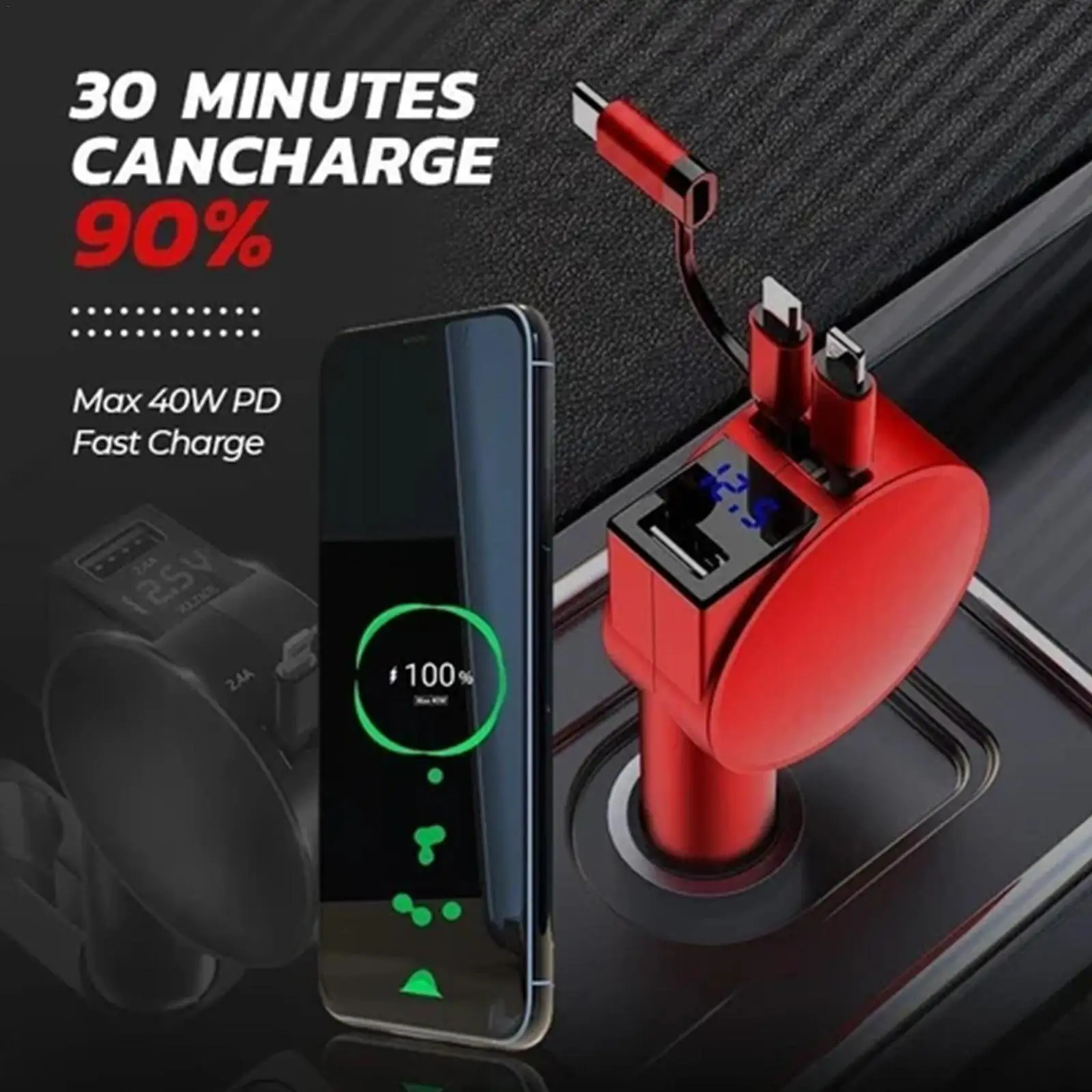 

3-in-1 Retractable Fast Charging Car Adapter Car Charger Car USB Socket QC4.0+PD Fast Charge For iPhone Android Type-C Phones