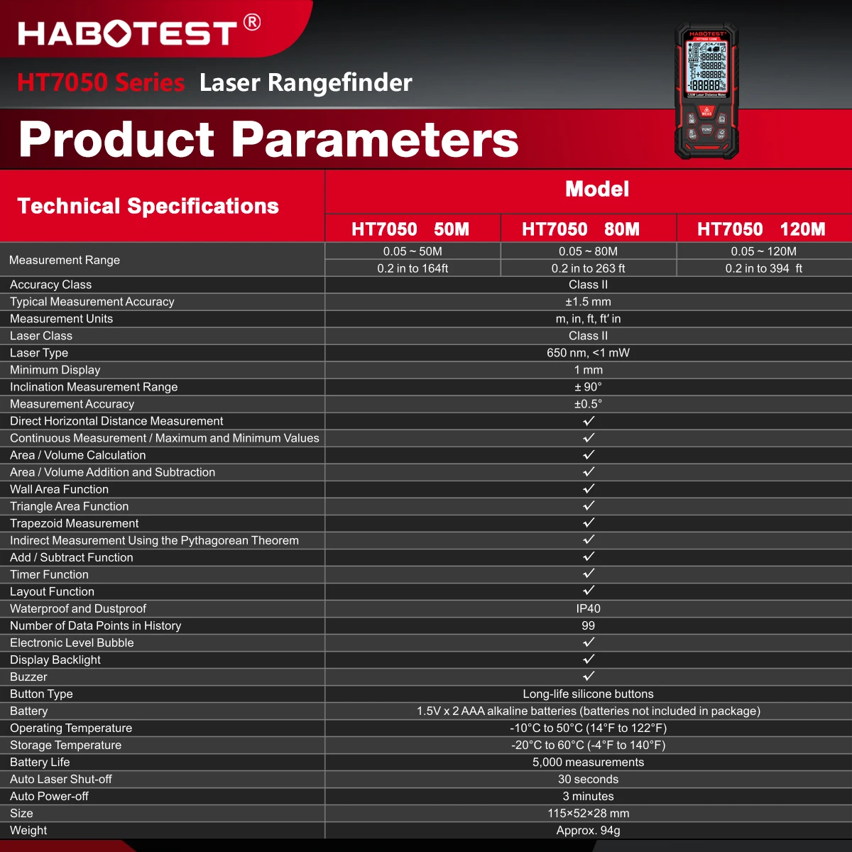 Фото Лазерный дальномер HABOTEST HT7050 50М с высокой точностью ±1.5мм, цифровой измеритель расстояния IP40, инклинометр для строительных работ №4