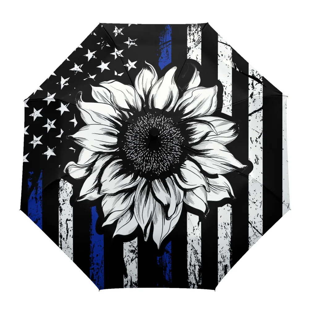 

American Flag Sunflower Retro Windproof Umbrellas Travel Folding Umbrella for Female Male Eight Bone Automatic Printed Parasol