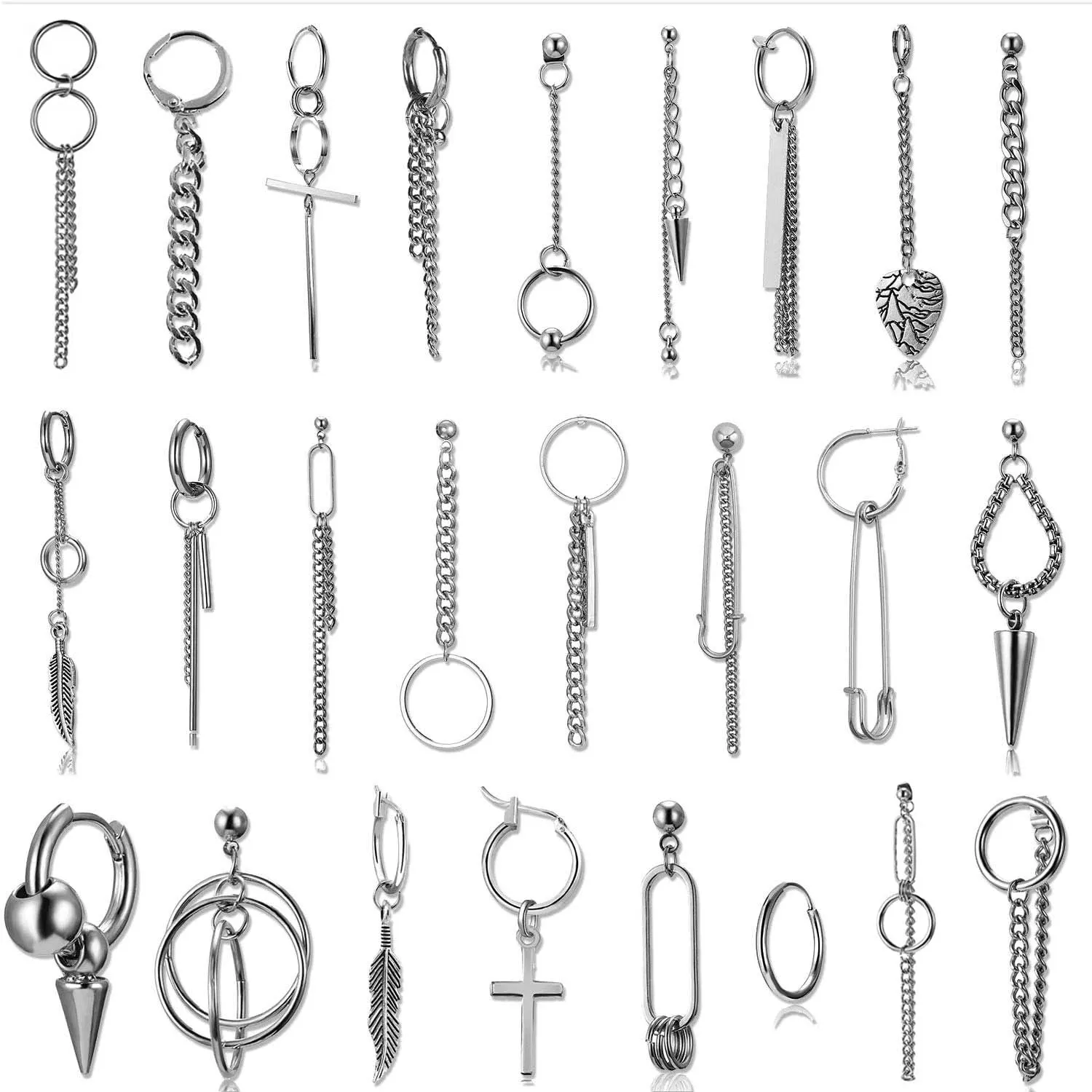 

1 Pair Chain Hoop Dangle Earring Set Stainless Steel Cross Feather Dangling Earrings Clip on Kpop Earrings for Men Women