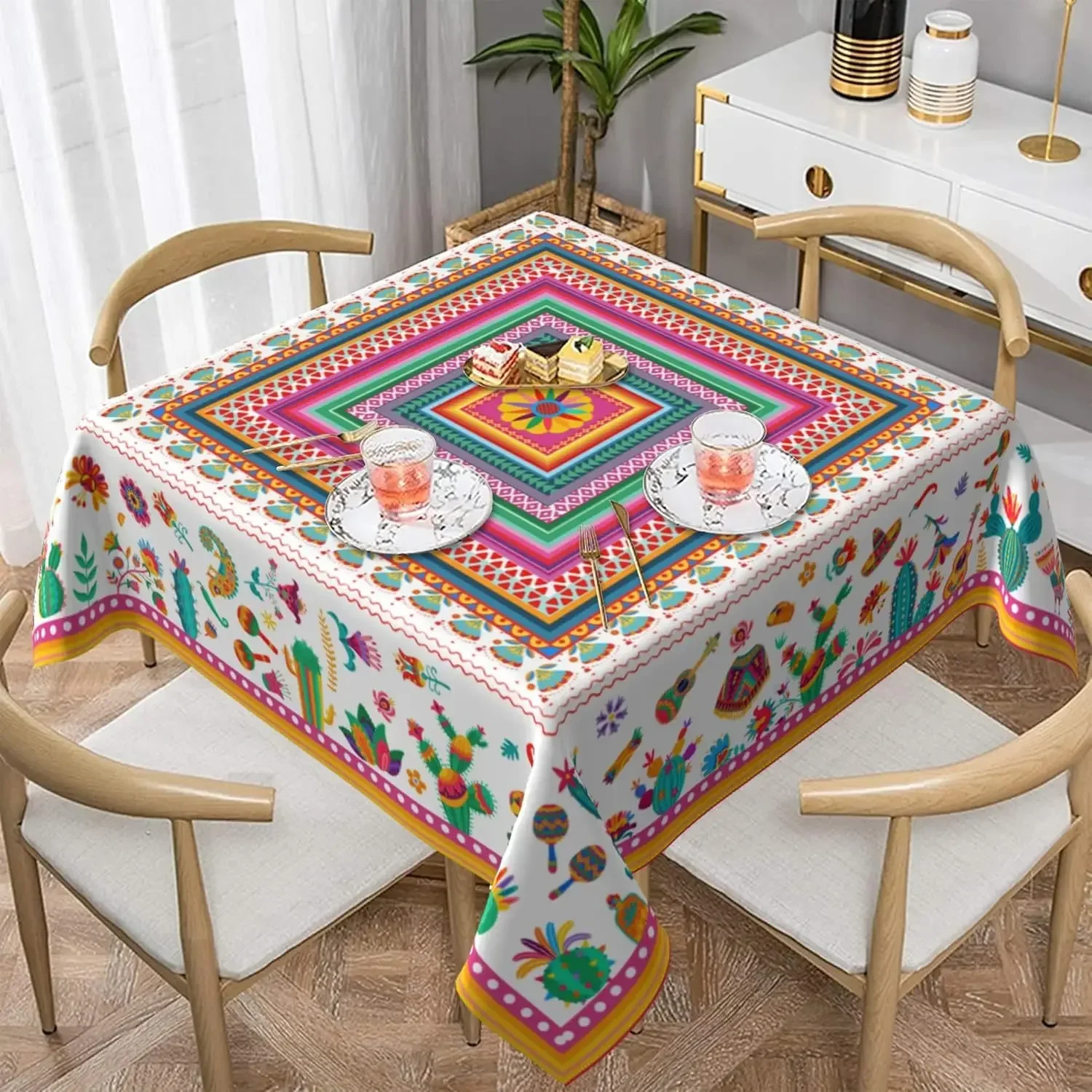 

Прямоугольная скатерть из полиэстера Mexican Cactus Stripes Floral