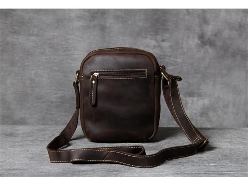Retro fashion crazy horse cowhide men's coffee color mobile phone bag daily outdoor work weekend youth shoulder messenger bag
