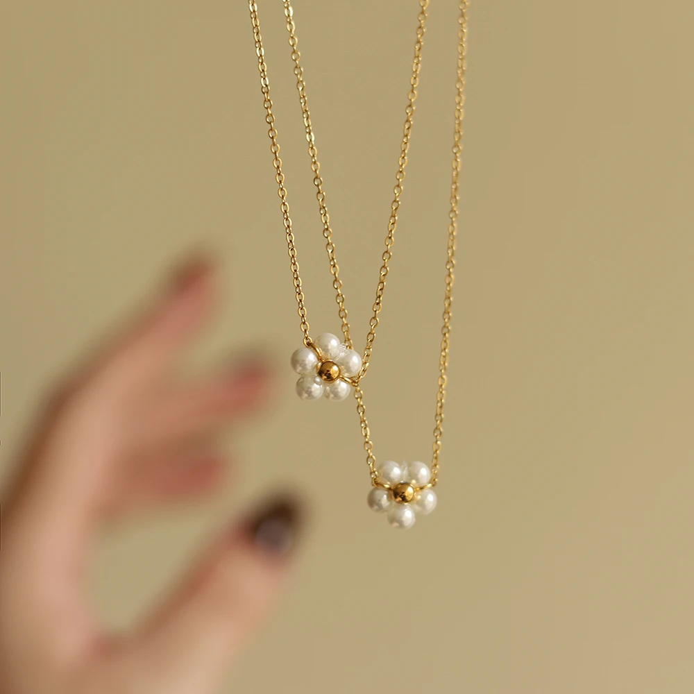 

Stainless Steel Plated 18K Gold Handmade Pearl Flower Necklace Women Luxury Elegant Wedding Bridesmaid Jewelry Accessories
